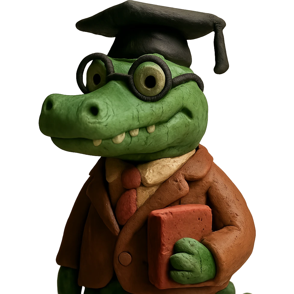 claymation style alligator professor with glasses and a graduation cap emoji