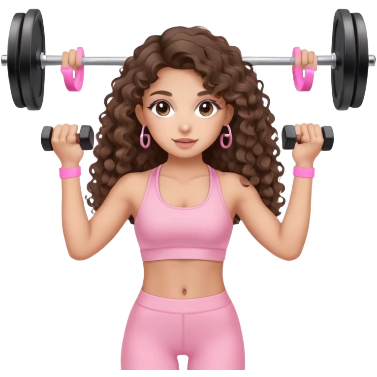 cute balayage brunette long hair curly/wavy haired girl, hoop earrings, clean girl makeup DOING EXERCISE with weights with a cute pastel pink set emoji