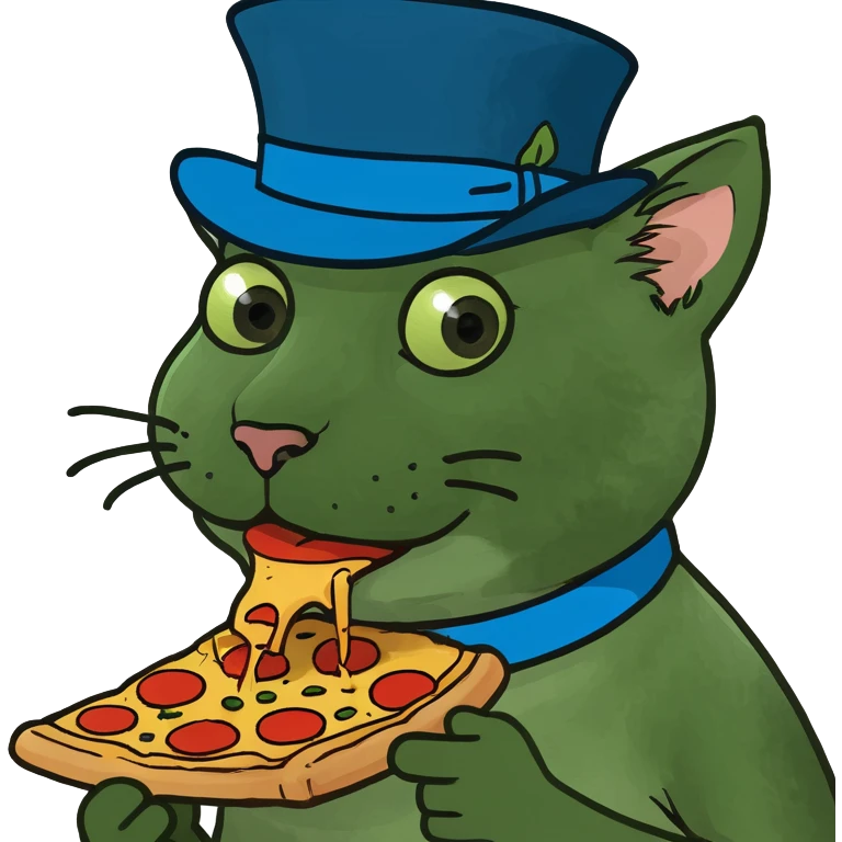 Green cat with a blue top hat, eating pizza emoji