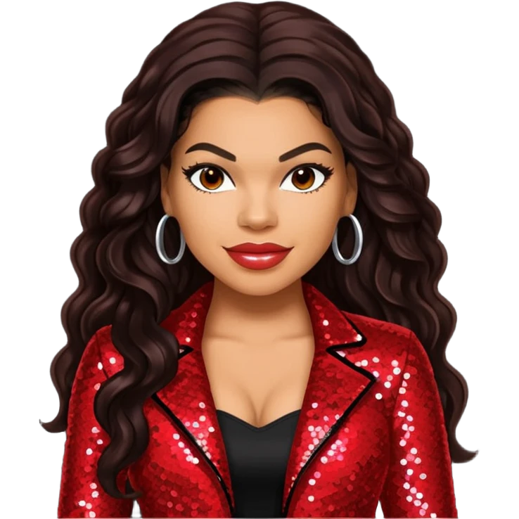 Jordin Sparks with long dark brown hair, red sequin outfit emoji
