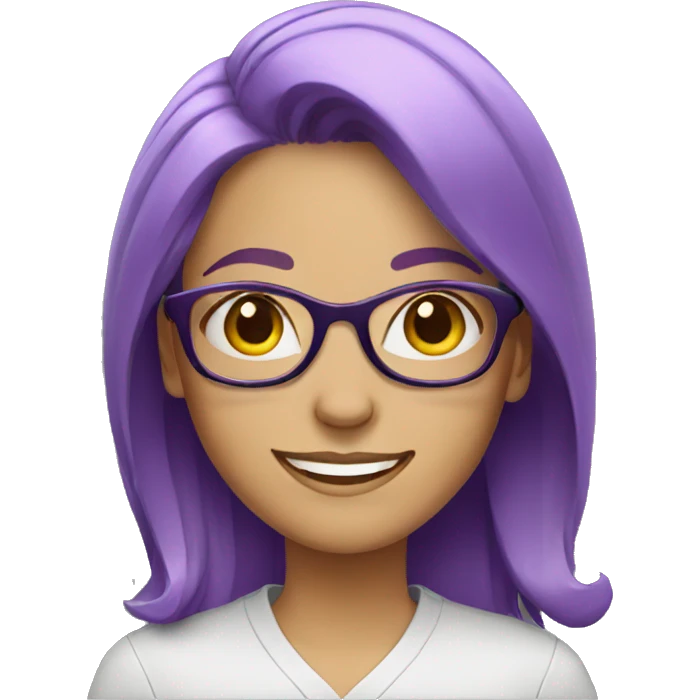 white woman wearing glasses, with purple hair smiling emoji