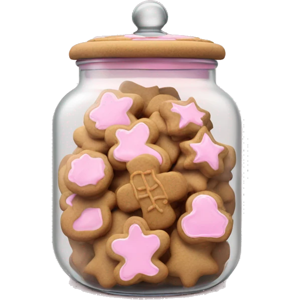 Realistic glass cookie jar with light pink lid full of gingerbread cookies isolated.  emoji