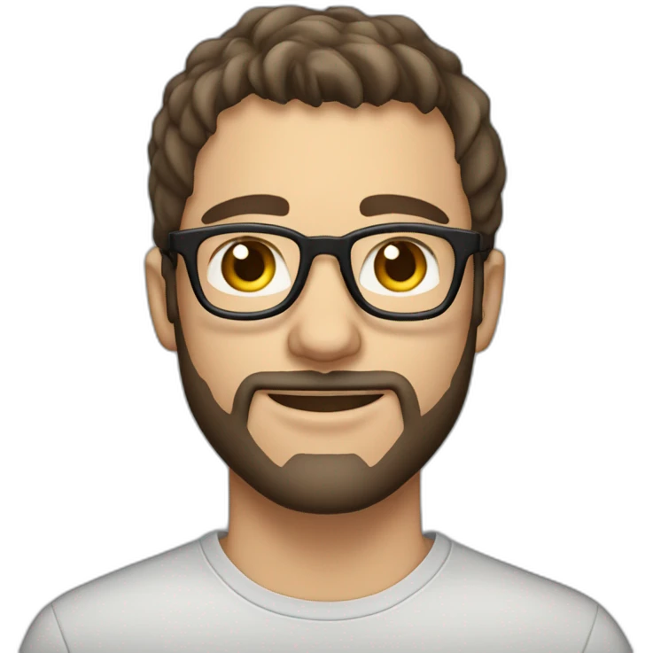 a brown haired 27 year old male with a grey streak in the front of his wearing glasses with a scruff beard emoji