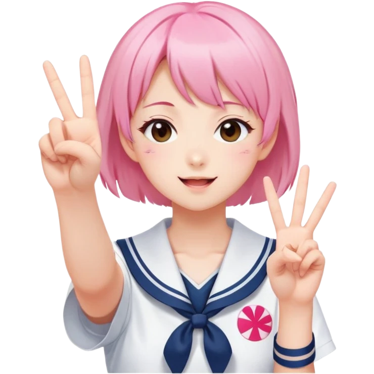 Energetic anime girl with short pink hair wearing Japanese sailor style school uniform, winking and making double peace signs, very cheerful and bubbly, kawaii style emoji
