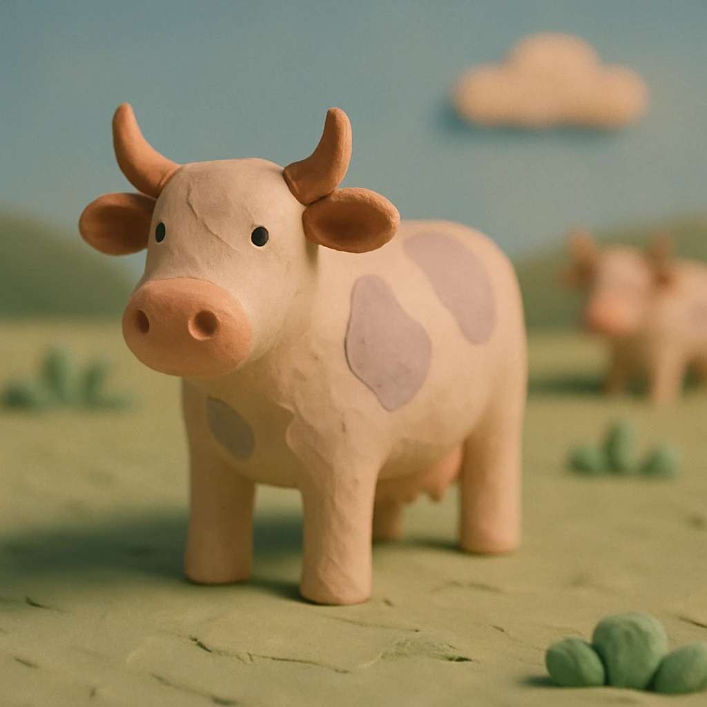 claymation style cattle standing in a field, visible fingerprints, pastel palette emoji