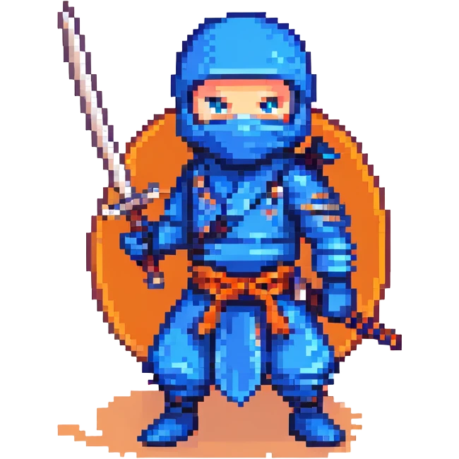 pixel art ninja, blue outfit, holding a katana emoji
