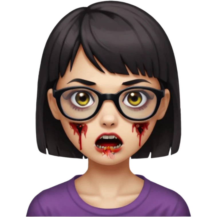 faça uma menina zumbi,com o cabelo curto,até o pescoço,franja,óculos pretos médios,olhos escuros,boca meio aberta e alguns machucados pelo rosto emoji
