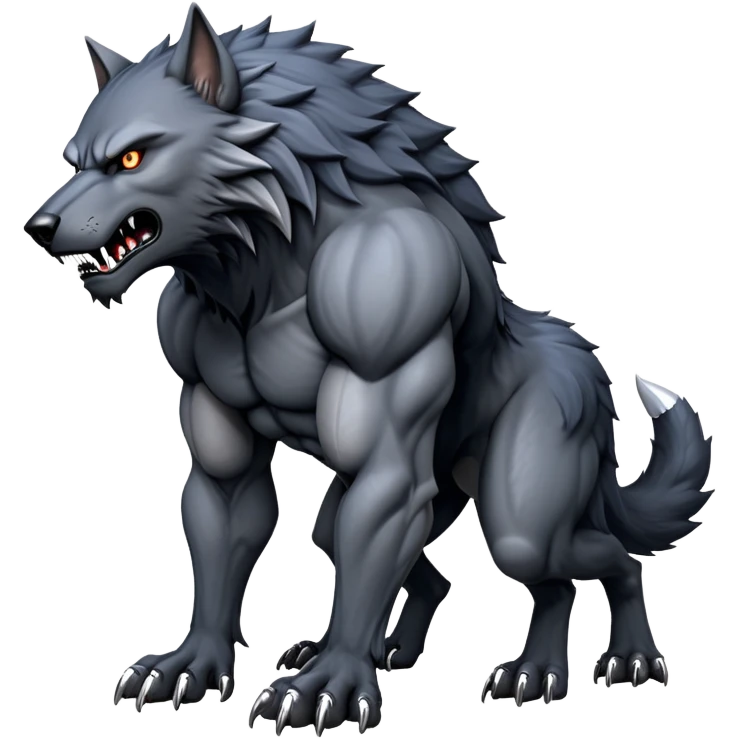 cinematic-noble-fierce-werewolf-full body on all fours-emoji, poised-and-imposing, with a tall, lean, and muscular wolfish frame inspired by the brutal, imposing shape of the beast from Berserk, fur rippling in shades of midnight black and silver, massive paws with razor-sharp claws, elongated limbs and fangs, eyes glowing with an intense, primal ferocity, reflecting the untamed power of the wild moonlit night; rendered with realism like a wolf hunched over emoji