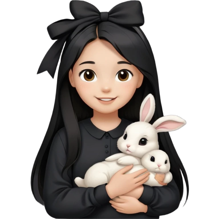 a smiling young teenage girl with light tan skin, long black straight hair, brown eyes, black oversized shirt and holding a white baby bunny wearing a small black bow on its right part of the head emoji