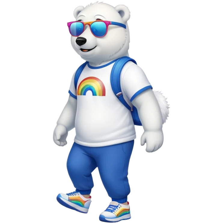 muscular friendly anthropomorphised polar bear walking confidently, wearing a royal blue t-shirt, black pants, white trainers, and oversized rainbow glasses emoji