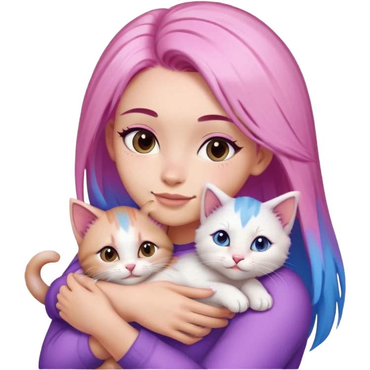 beautiful woman with pink straight hair with purple & blue tips and brown eyes hugs a kitten emoji