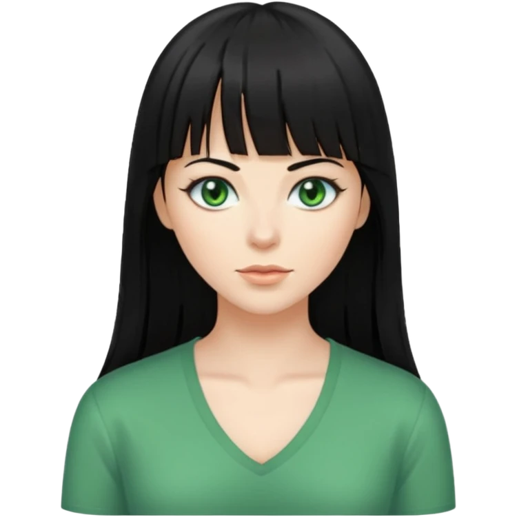 A white woman with Long straight hair with bangs, black hair, green eyes and a low-cut shirt emoji