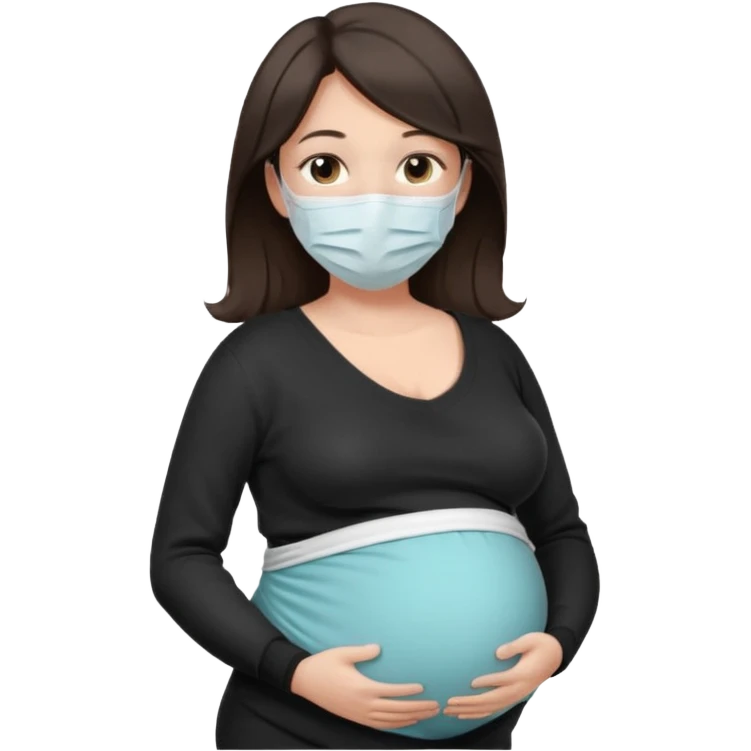 a pregrant lady with dark brown hair? Hair lengt above shoulder, wearing medical face mask, i wanna see the pregnant belly with black sweater emoji