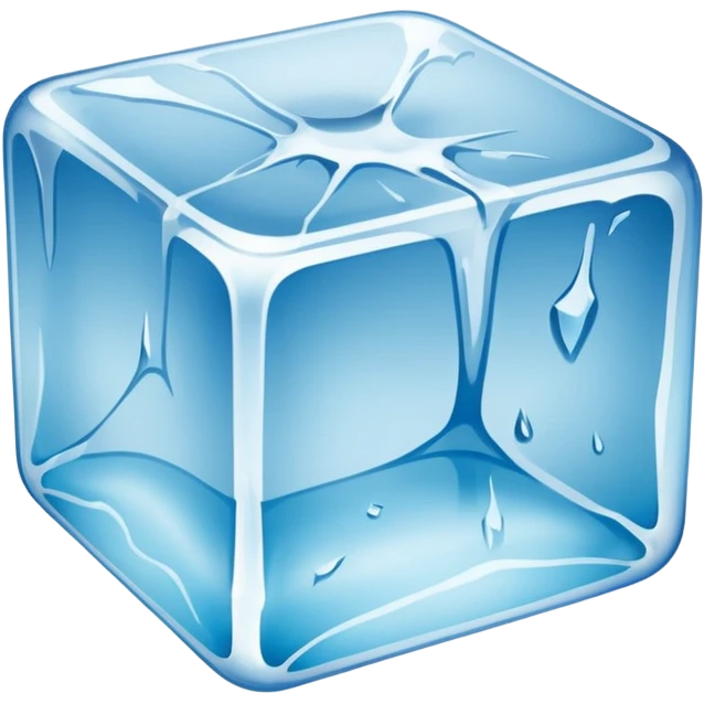A single transparent ice cube on a clean white background, with realistic reflections and refractions. The ice cube has visible cracks and textures inside, slightly melting on the surface. Studio lighting, high detail, macro photography style. emoji