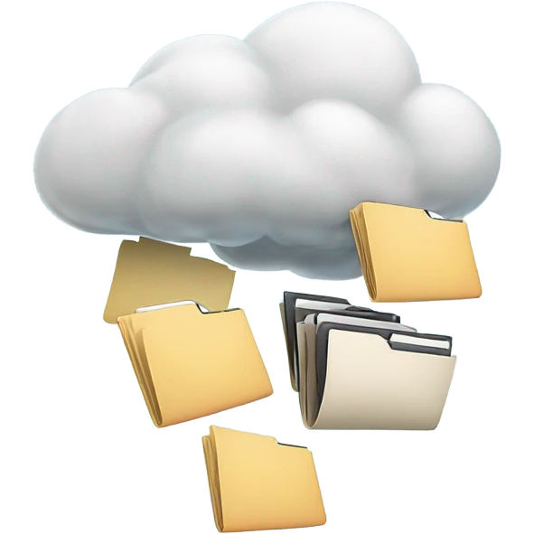 A cloud with folders and files flying in and out of it. emoji
