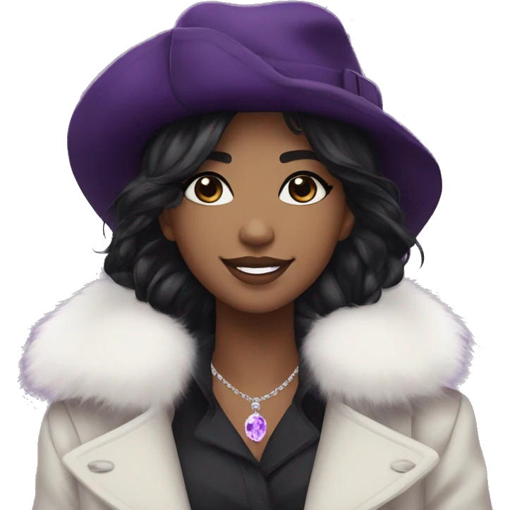 black hair,WHITE, long messy hairstyle, beret hat, purple eyes, smile, long black trench coat with white fur around the neck, purple crystal earrings, purple crystal necklace, black pants emoji