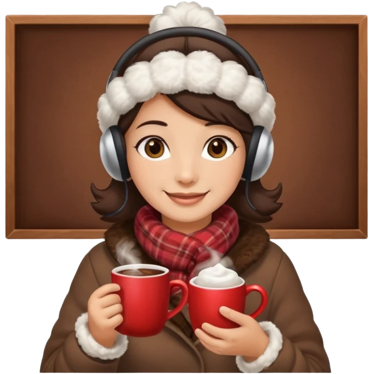A cozy vendor with fluffy earmuffs, handing out steaming cocoa with a warm smile. emoji