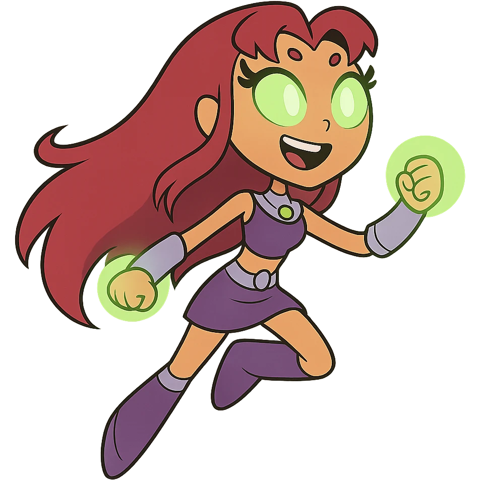 Starfire from Teen Titans Go, cartoon style, floating, long red hair, purple outfit, green eyes glowing emoji
