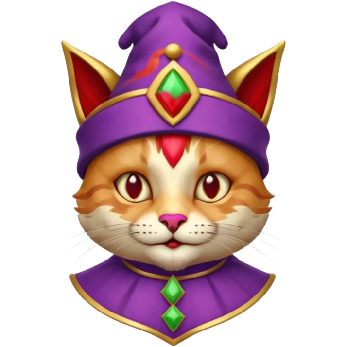 crazy colorful cute little cat jolly joker from poker, medieval, vintage, court jester, mac os icon, purple, gold and red color, head + torso. Squared shape as 3D mac os icon, symmetrical emoji
