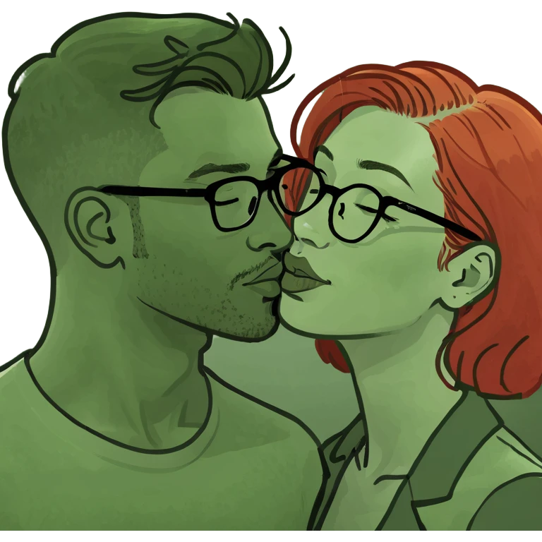 Redhead women in glasses kissing a dark haired man in glasses emoji