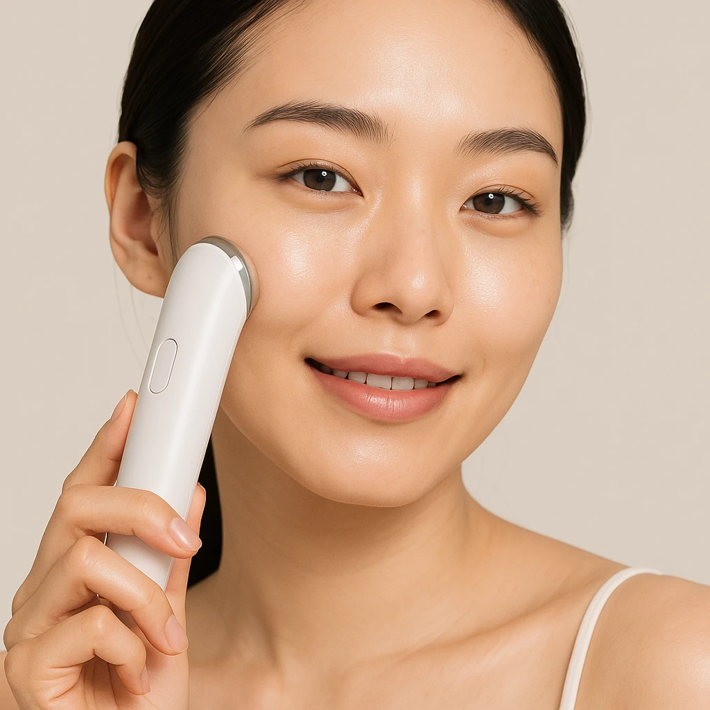 Korean woman holding a beauty device to her face, bright and healthy skin, natural expression emoji
