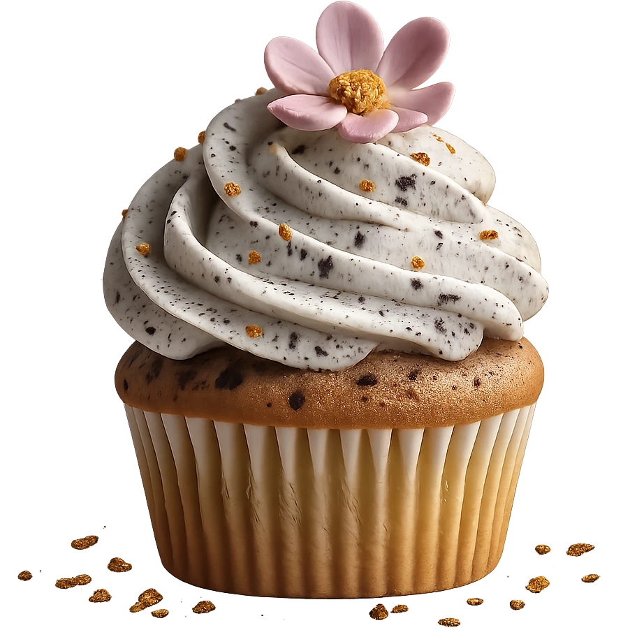 Change the icing to cookies and cream style with white icing and visible cookie crumbs, keep the realistic cupcake and accessories, photorealistic style, transparent background. emoji