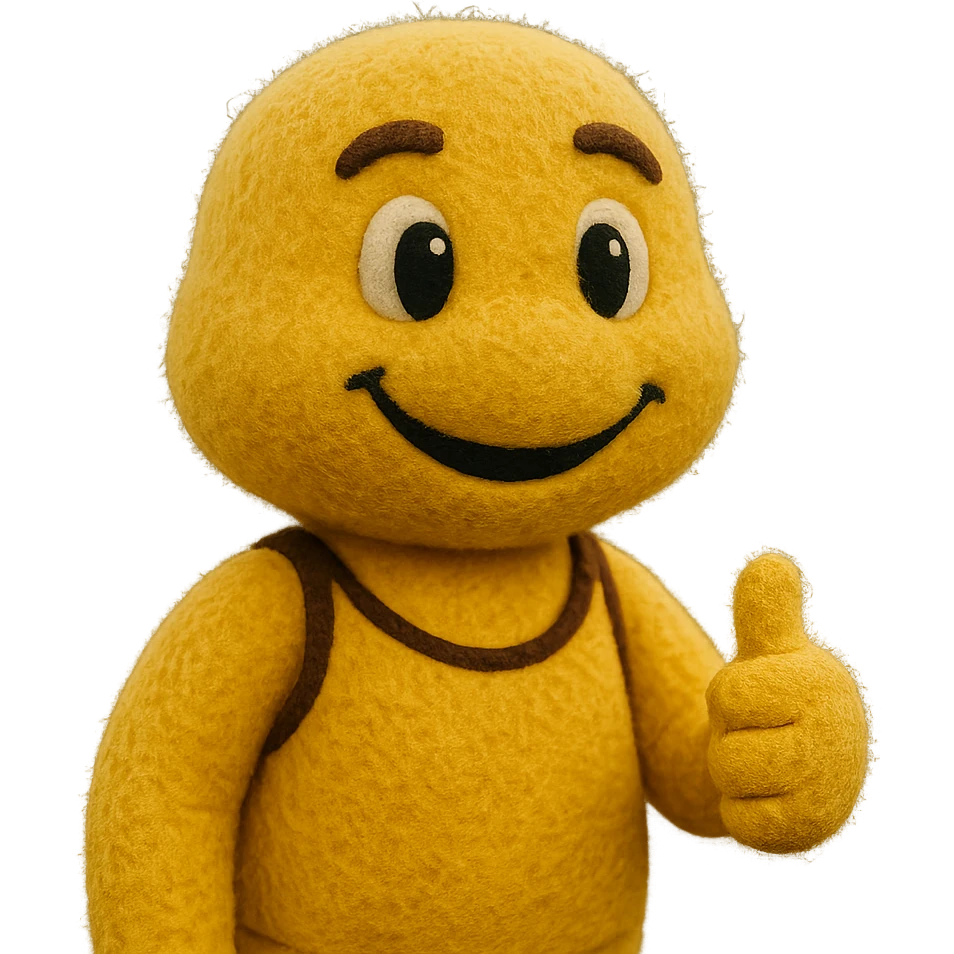 yellow athletic mascot with soft fuzzy texture and big eyes, fun and engaging, giving a thumbs up emoji