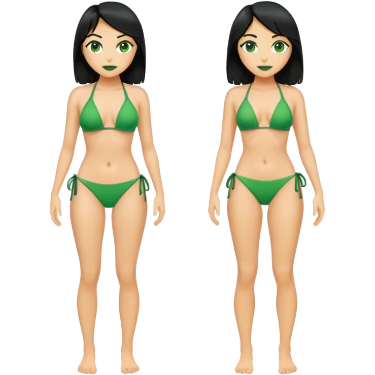 Full body green skin witch woman with black hair wearing bikini emoji