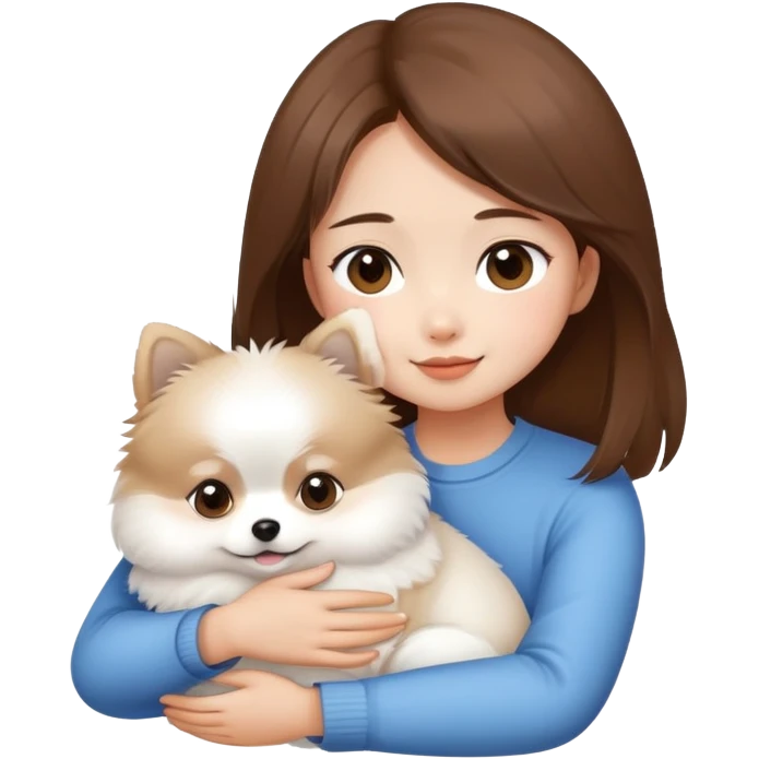 Asian brow hair girl hug small white Pomeranian emoji