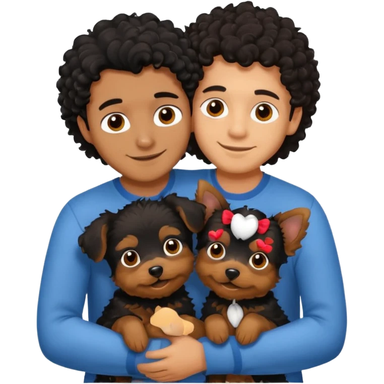 Young man with little brown skin, black curly hair, cheerful dark brown eyes, hugging two yorkie of long hair  emoji