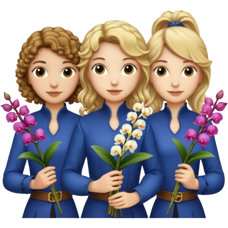 3 female musketeers, oneceith brown curly hair, one with straight blond hair, one eith blond hair on pony tail, all holding orchids emoji