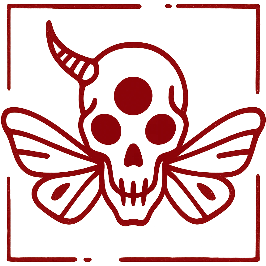 minimalist horror red line art of minotaur-stoat skull with broken horn and single eye, with moth wings, very hollow transparent middle, simple outline frame around the entire design, sparse details but clearly horrifying, weathered and incomplete frame edges, 100% red emoji
