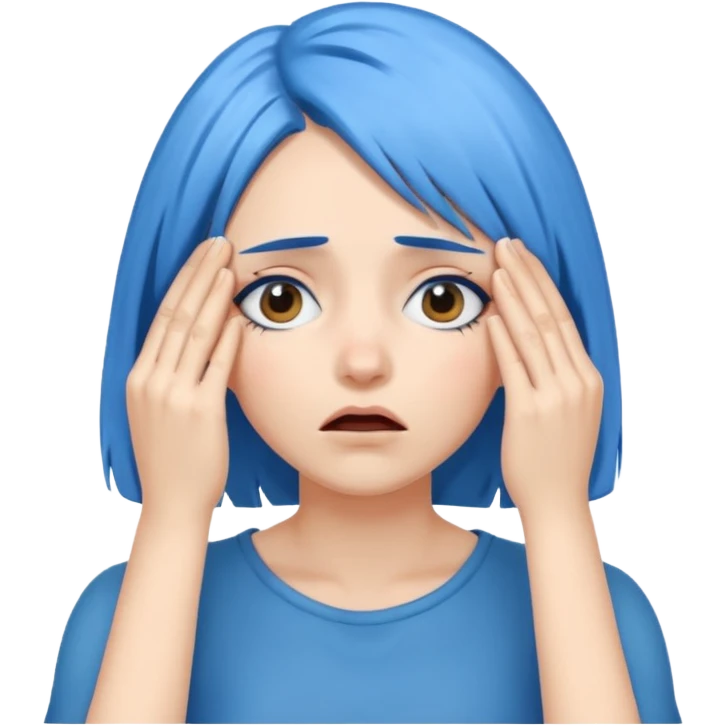 Woman with blue hair with hands over her eyes in shock emoji