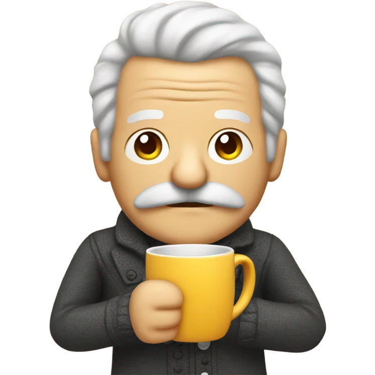 Old man with moustache emoji holding mug cozy pose emoji