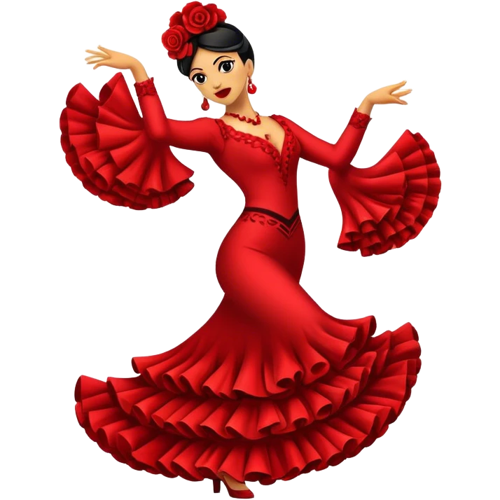 Cinematic Realistic Flamenco Dance Emoji, depicted as a passionate expressive flamenco performance with dramatic costumes and dynamic fiery movements, rendered with vibrant textures and bold energetic lighting that captures its intense rhythm. emoji