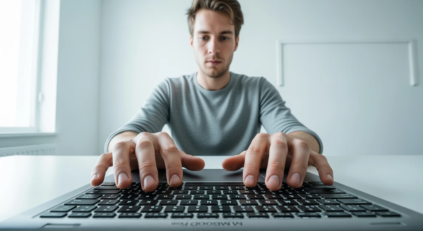 POV shot, Man writing on macbook pro keyboard, minimalistic environment emoji