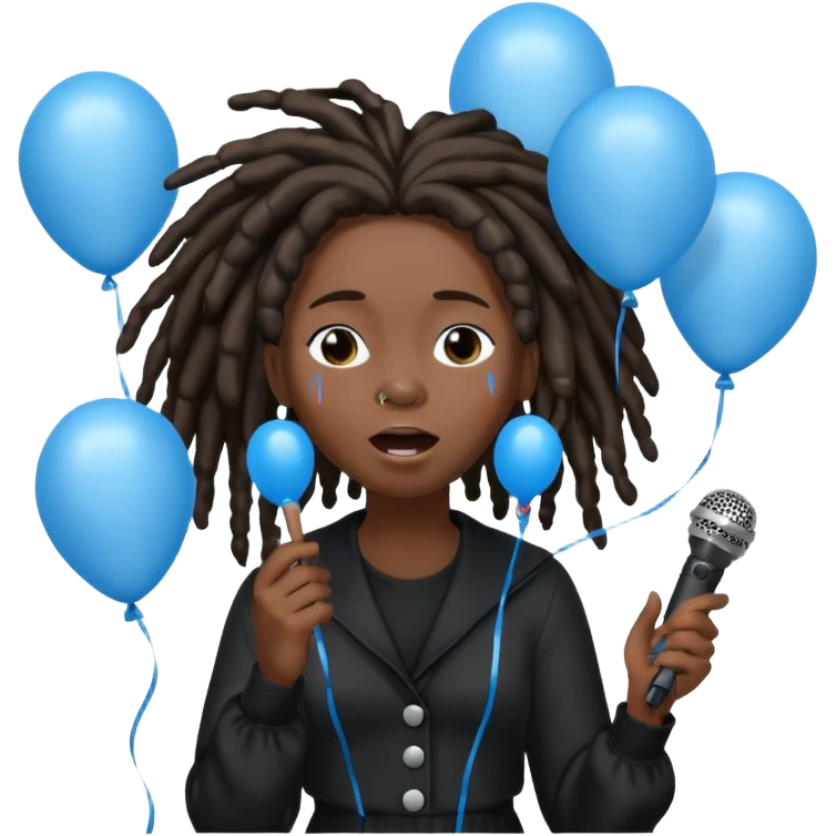 Black girl Stud with dreadlocks singing dressed in black crying 1,2,3 release em with white and blue balloons flying overhead emoji like with mic in hand  emoji