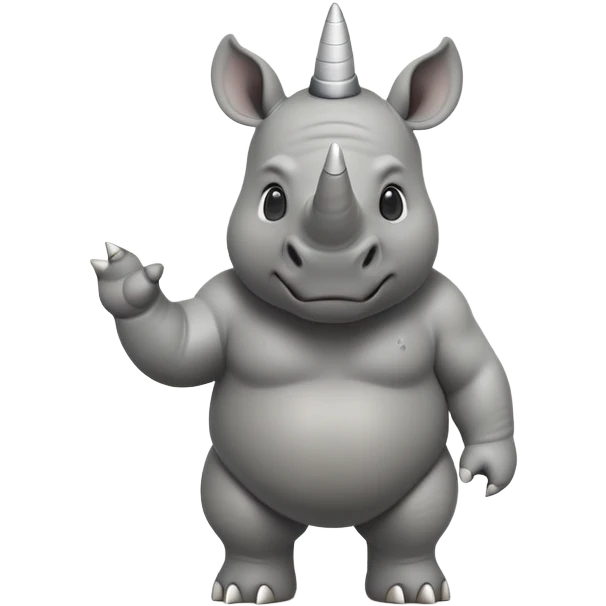 cinematic-rhino-full-body-standing-emoji,white horn, slate grey skin -massive-body-poised-powerfully,-thick-horn-curving-slightly-forward,-head-tilted-dramatically,-rough-grey-hide-covered-in-dust,-simplified-focused-features, large cute black eyes emoji