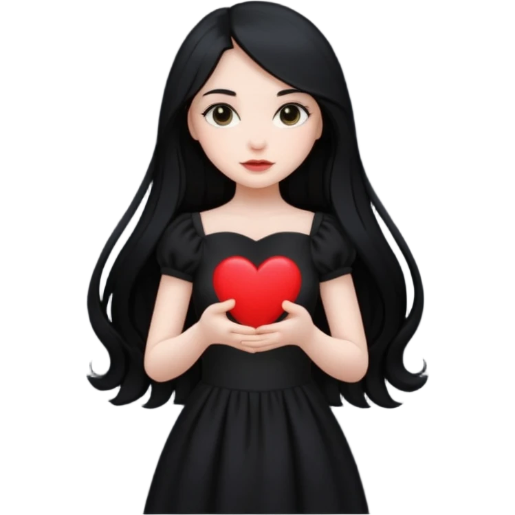 Pale girl with long black hair and black dress with holding black heart emoji