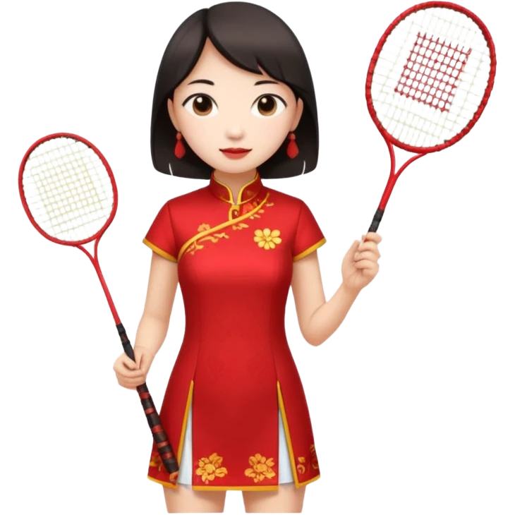 ancient cheongsam girl with 1 badminton racket, red emoji