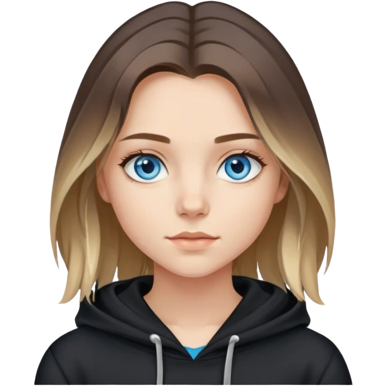 girl with blue eyes, shoulder-length hair with balayage highlights, wearing a black hoodie emoji