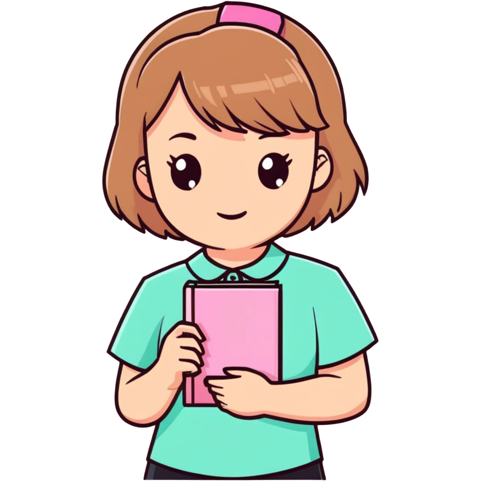 A girl with short light brown hair holding a pink book, wearing a mint shirt emoji