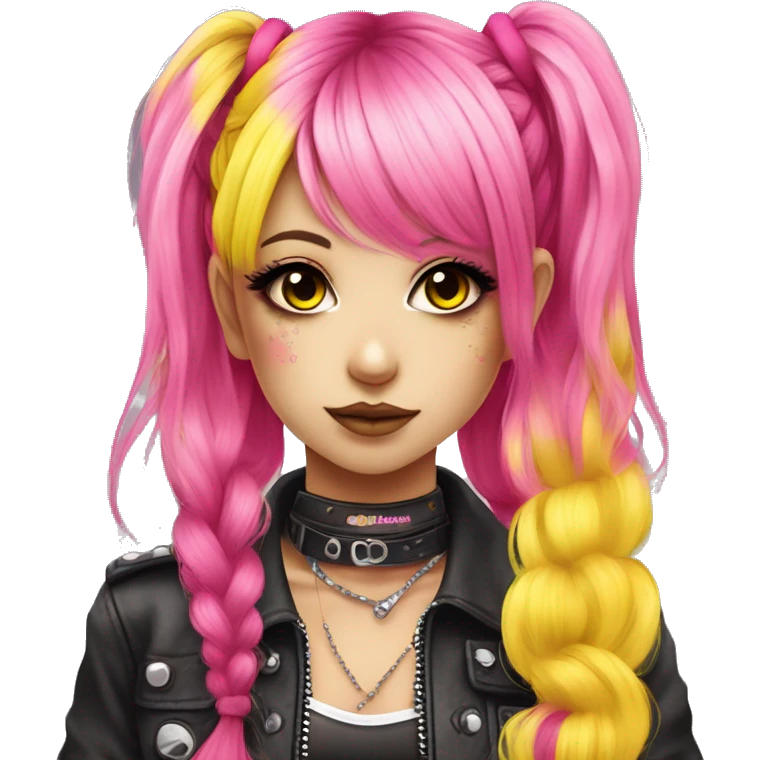 hime gyaru girl, hot pink and yellow split-dyed hair, dark makeup, punk clothes emoji