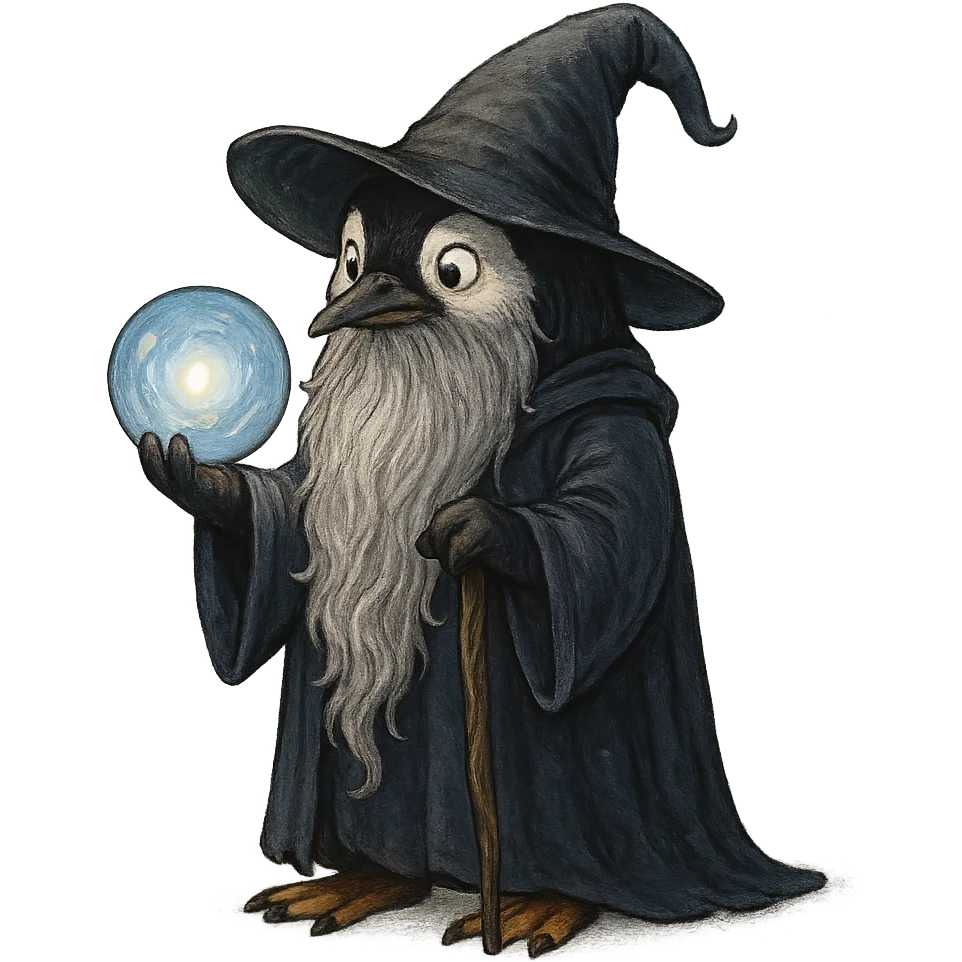a penguin wizard with a long beard, holding a glowing orb emoji