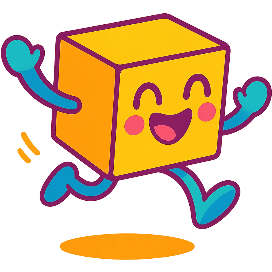 cube with a playful expression, jumping or in motion, bright color palette emoji