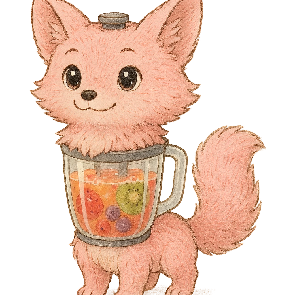 premium Ghibli-style pastel pink fox as a blender, soft fluffy fur, transparent body showing colorful realistic smoothie inside, big sparkling eyes, gentle happy face, full-body, highly detailed emoji