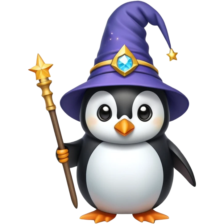 a penguin wearing a wizard hat and holding a magic wand emoji