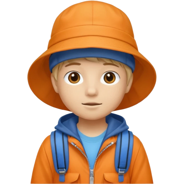 A little student with beige bucket hat, orange jacket, blue backpack emoji