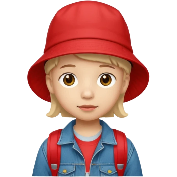 A little student with red bucket hat, jean jacket, backpack emoji