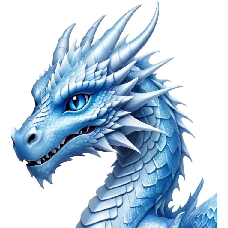 Cinematic Noble Beautiful Ice Dragon Portrait Emoji, Poised and majestic, with an ethereal, crystalline body adorned in intricately detailed scales of frosty blues and silvery whites reminiscent of glacial ice and delicate snowflakes, and piercing, cool eyes reflecting winter’s clarity; rendered with lifelike texture and subtle natural highlights, high shine, elegant and formidable, styled with an aura of chilling mythic beauty, focused and serene, soft glowing outline, capturing the essence of a legendary ice sovereign ready to glide gracefully out of the screen with timeless frosty allure! emoji